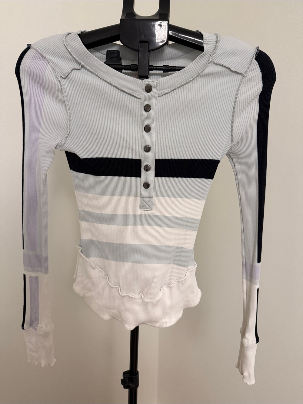 Free People Striped Ribbed Henley Long Sleeve Top - Light Blue , White & Black